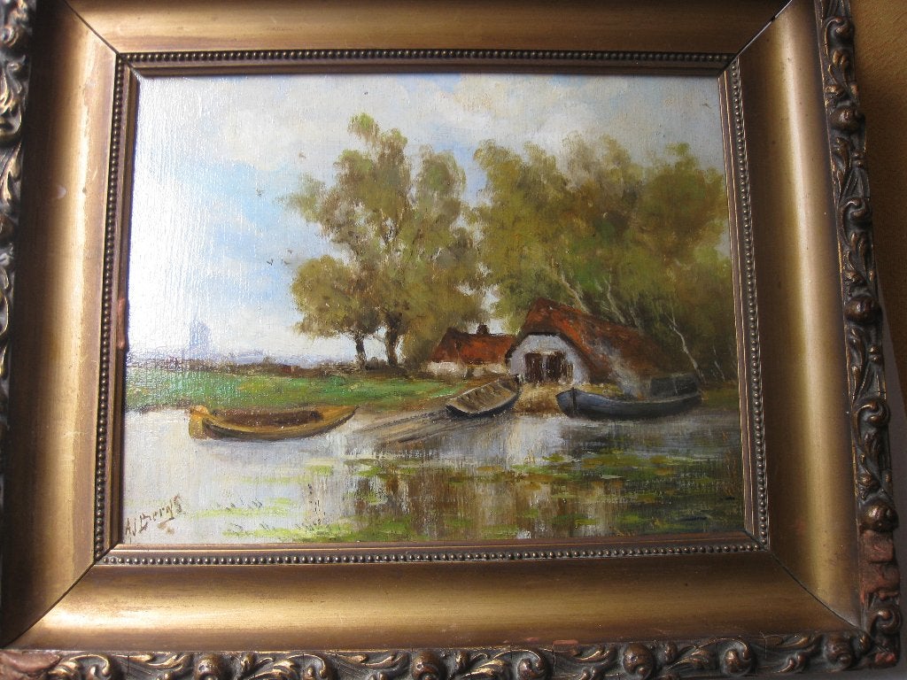A.J. Berns, "Roeibootjes bij een boerderij". Olieverf., Ophalen of Verzenden, Origineel werk, Olieverf