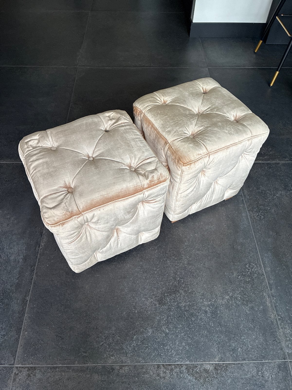 Set van 2 Riviera Maison poefs, Ophalen, Minder dan 50 cm, Gebruikt, Vierkant