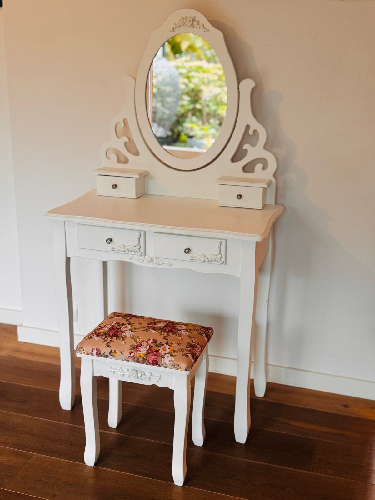 Witte kaptafel met spiegel en krukje, Ophalen, 100 tot 150 cm, 50 tot 100 cm, Zo goed als nieuw