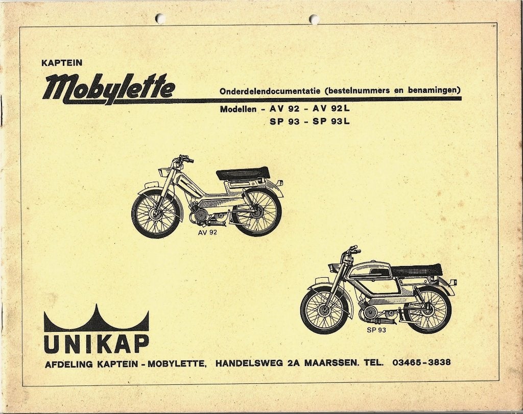 Kaptein Mobylette AV92 AV92 L SP93 SP93 L onderdelenlijst, Ophalen of Verzenden, Zo goed als nieuw