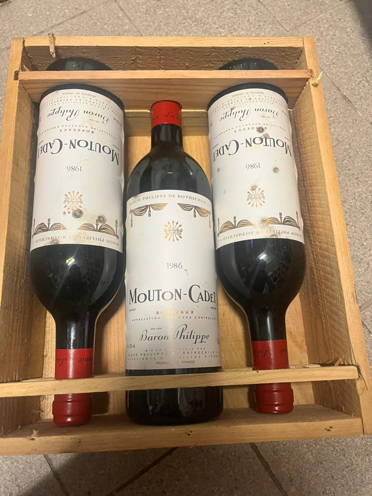 3x Rotschild Mouton-Cadet 1986 - In originele houten kist, Ophalen of Verzenden, Frankrijk, Rode wijn