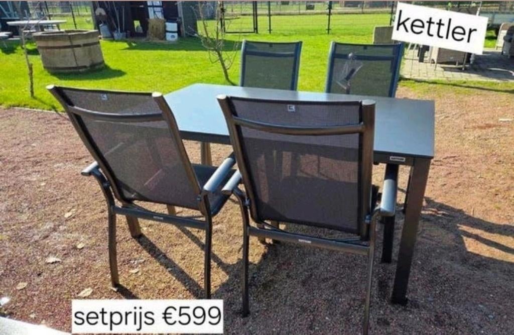 KETTLER TUINSET ALUMINIUM TAFEL MET 4 STAPELBARE STOELEN, Tuin en Terras, Ophalen, Nieuw