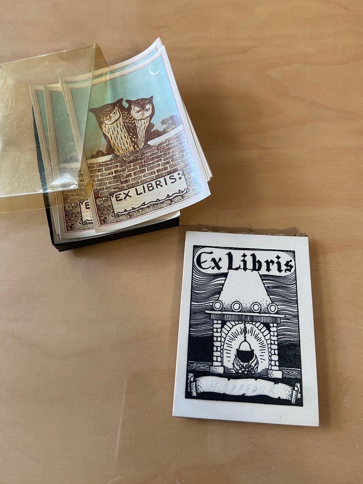 Vintage Ex Libris Boekmerkjes - Uilen en Put, Verzamelen, Ophalen of Verzenden, Gebruikt