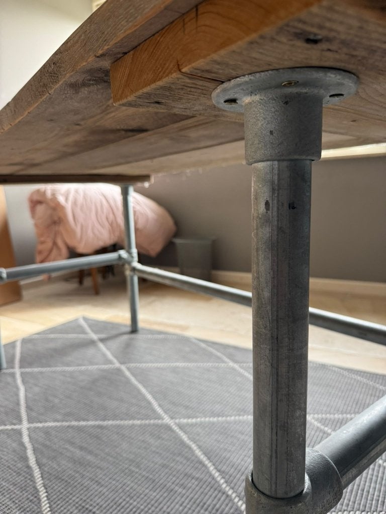 Stoere industriële werktafel met steigerbuizen frame, Ophalen, Gebruikt, Hout, Industrieel