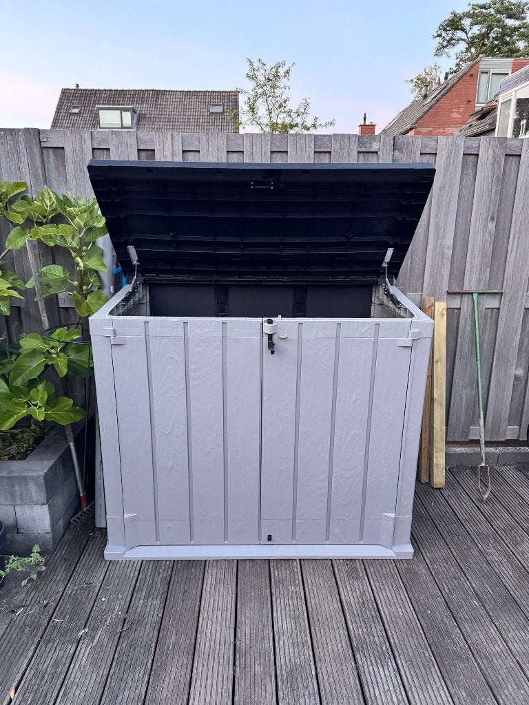 Kunststof containerberging met deksel en deuren, Tuin en Terras, Ophalen, Zo goed als nieuw, Kunststof, Containerberging