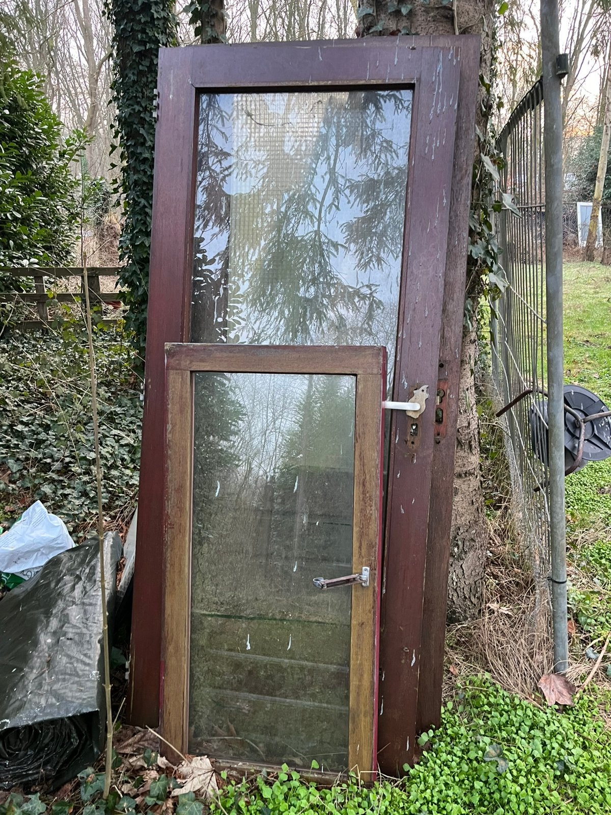 2 deuren en raamkozijn hout met glas, Ophalen, Gebruikt, Hout, Binnendeur