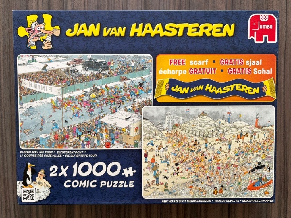 2x 1000 Haasteren: Elfstedentocht / Nieuwjaarsduik MET SHAWL, Ophalen of Verzenden, 500 t/m 1500 stukjes, Zo goed als nieuw