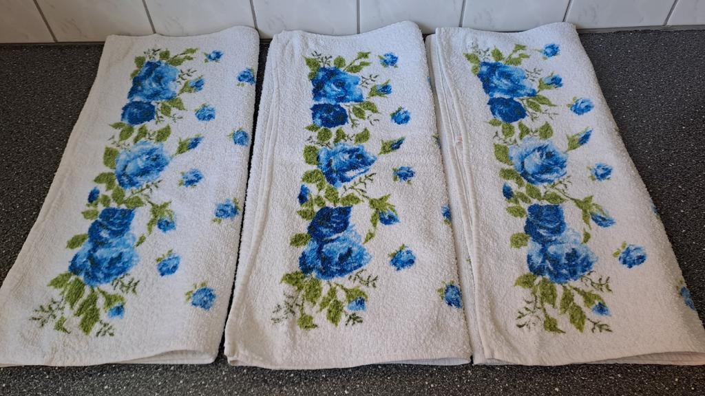 3 Vintage handdoeken 92x50 cm - De Haas & van Brero, Blauw, Handdoek, Onbekend, Ophalen of Verzenden