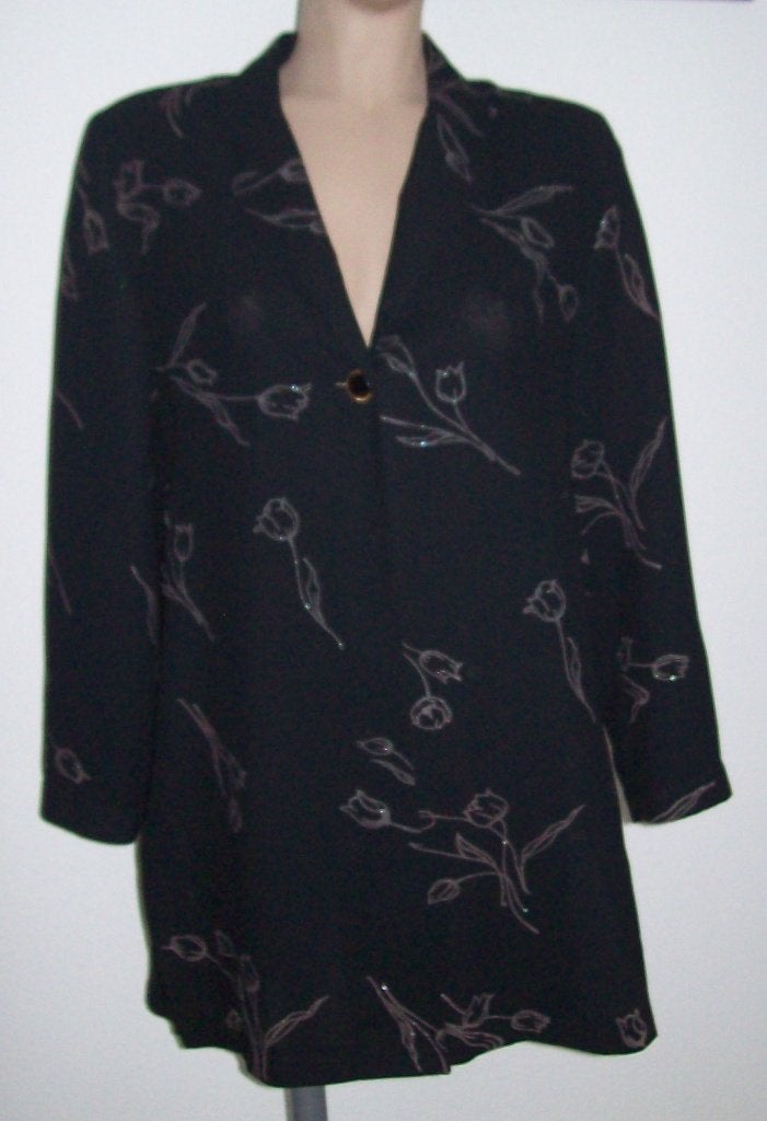 maat M, (40) 1 zwarte blouse / jasje met tulpen, 85 cm., Maat 38/40 (M), Meerkleurig, Quinto, Ophalen of Verzenden