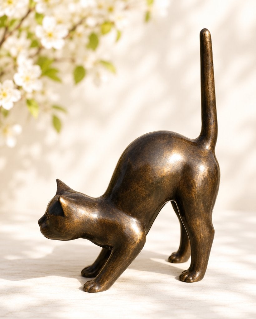 GROTE POES DIE SCHRIKT / KAT / BRONZEN TUINBEELD, Dierenbeeld, Nieuw, Info@huisentuindecoratiemarie.nl, Huis en tuin decoratie marie