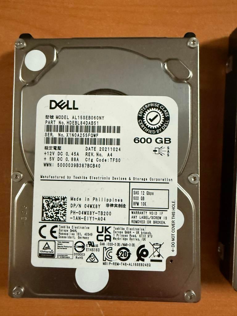 4x Dell 600GB SAS 12Gbps 10K RPM 2.5" HDD (HDEBL84DAB51), Computers en Software, Intern, Gebruikt, SAS, Server