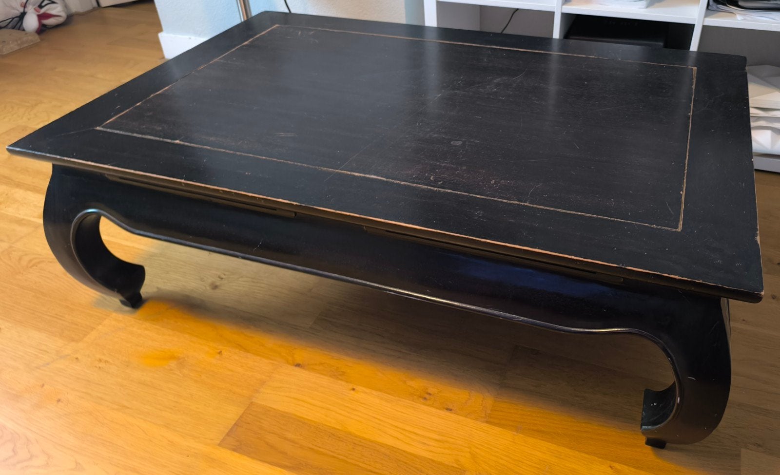 Zwarte Chinese opium salontafel, massief teakhout, Ophalen, Gebruikt, 100 tot 150 cm, Teakhout