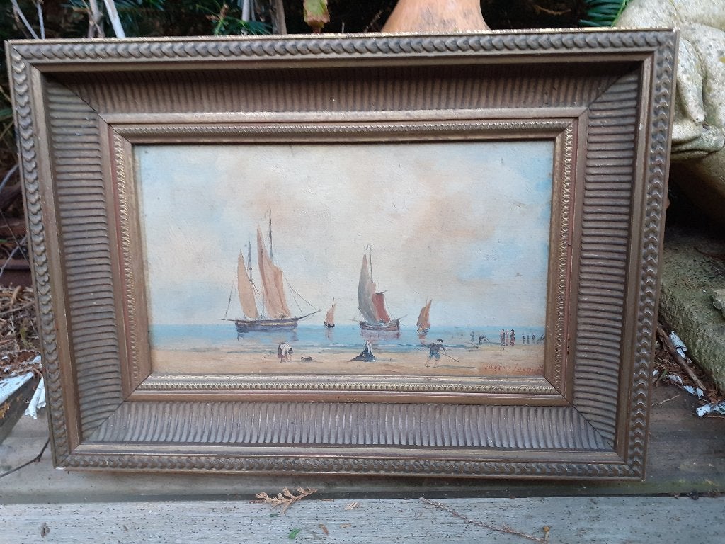 Maritiem tafereel, olieverf op paneel, gesigneerd (ca. 1910), Antiek en Kunst, Ophalen of Verzenden, Bijzondere lijst, Olieverf