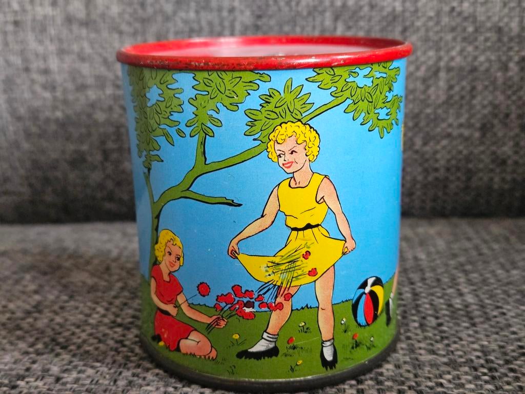 Vintage blikken spaarpot met kinderillustraties, Antiek en Kunst, Ophalen of Verzenden