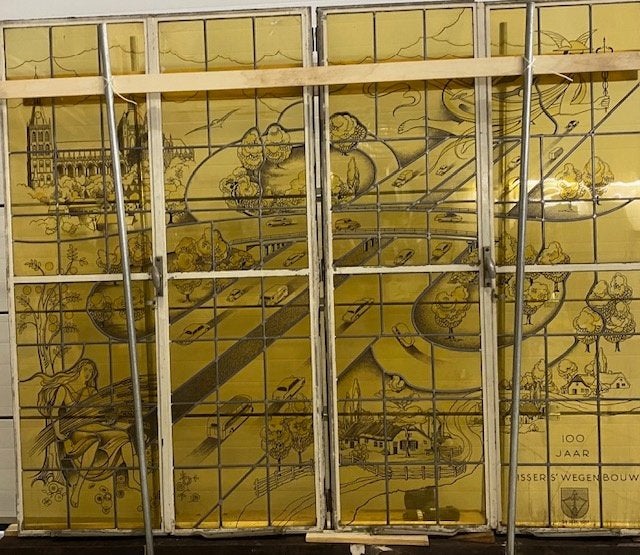 Uniek Glas-in-lood Raam - 100 Jaar Vissers Wegenbouw, Gebruikt, Glas in lood, Overige typen, 160 cm of meer