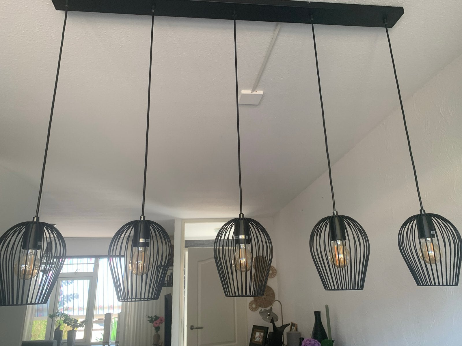 Set van 5 hanglampen en 2 tafellampen - Zwart metaal, Ophalen, Zo goed als nieuw, Metaal, E27 (groot)