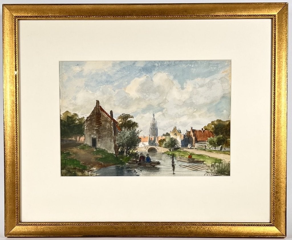 521. Aquarel – Hollands stadsgezicht, 20e eeuw, Antiek en Kunst, Ophalen of Verzenden