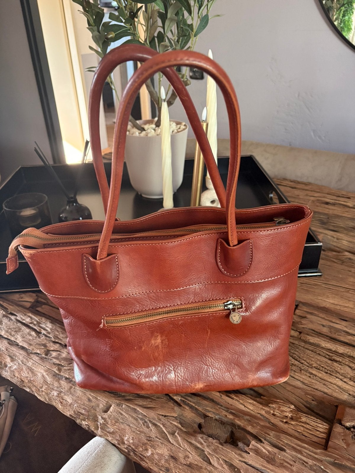 2 cognac kleur leren tassen Manfield & Italy, Ophalen of Verzenden, Gebruikt