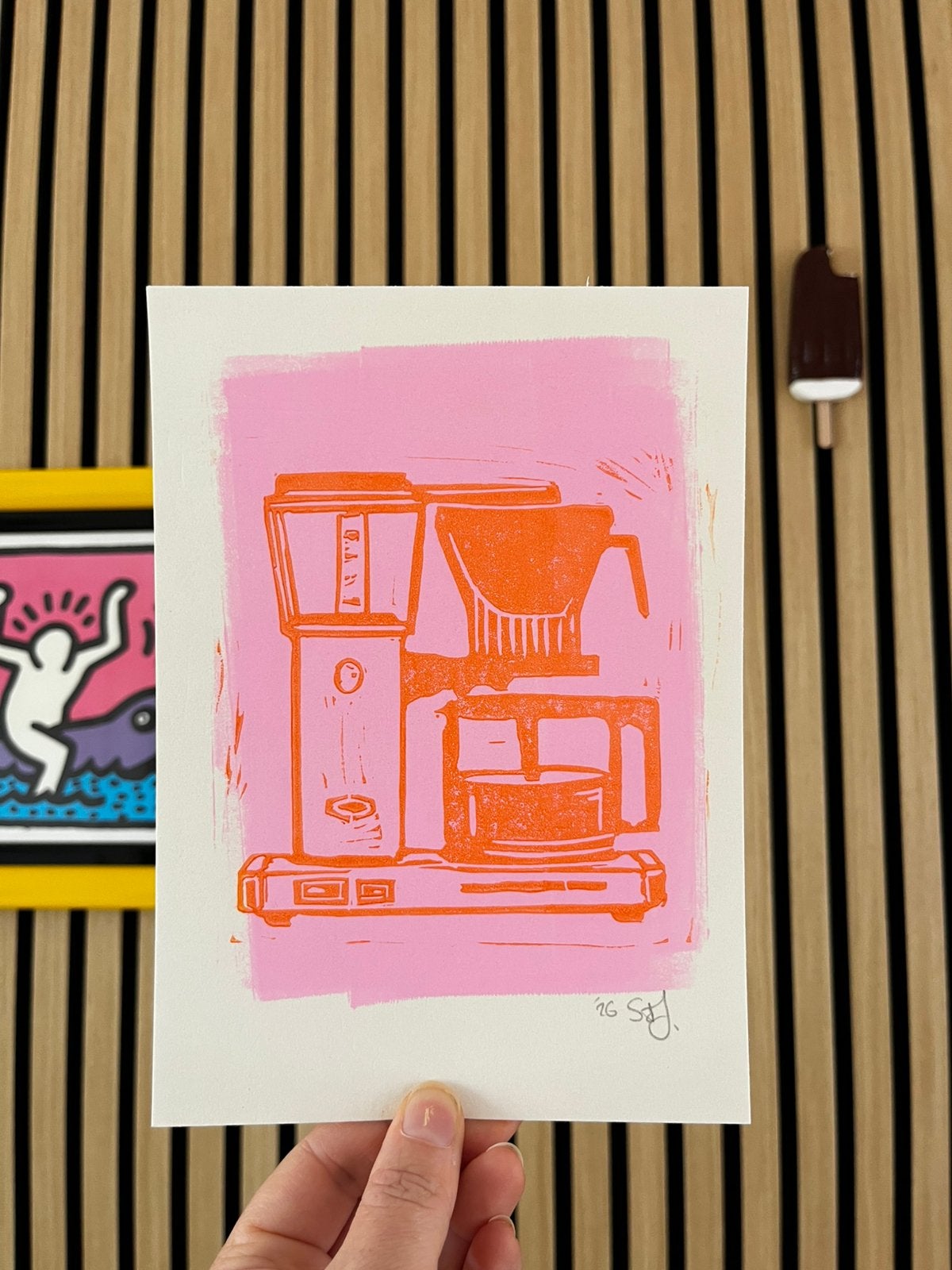 Lino afdruk Moccamaster koffiezetapparaat, Gesigneerd, Ophalen of Verzenden, Overige onderwerpen, Linosnede