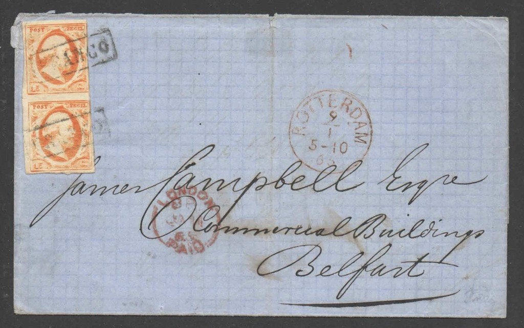 Nederland Nr 3 in paar op Brief van Rotterdam naar Belfast, Postzegels en Munten, Ophalen of Verzenden, Brief