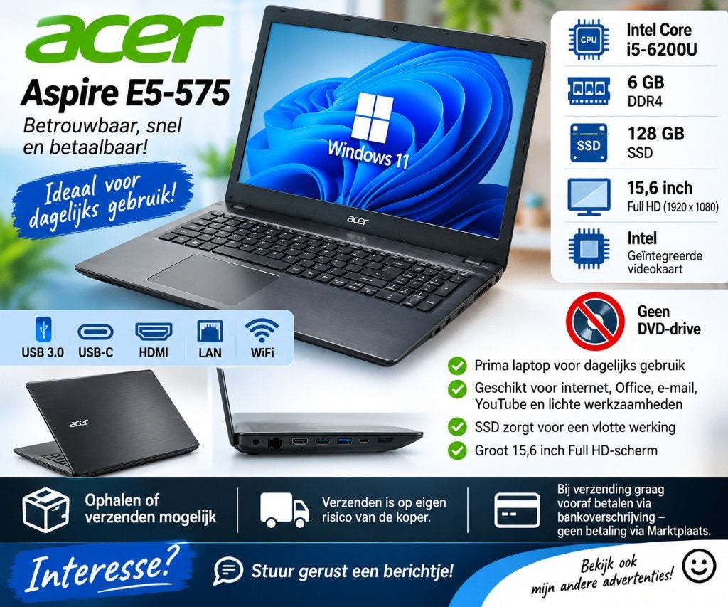Acer Aspire E5-575 – i5 | 6GB DDR4 | 128GB SSD | Full HD, Computers en Software, Met videokaart, 2 tot 3 Ghz, 8 GB, Intel Core i5 processor