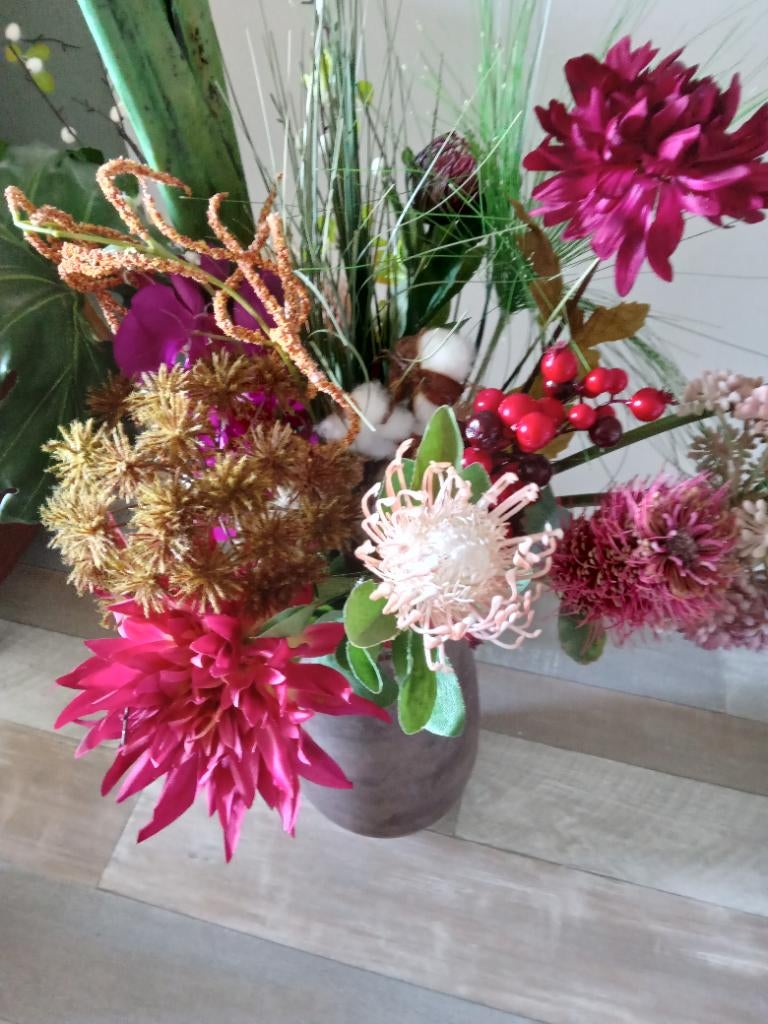 Zware bruine vaas met grote bos (kunst) bloemen en takken, Ophalen, Zo goed als nieuw, Overige kleuren