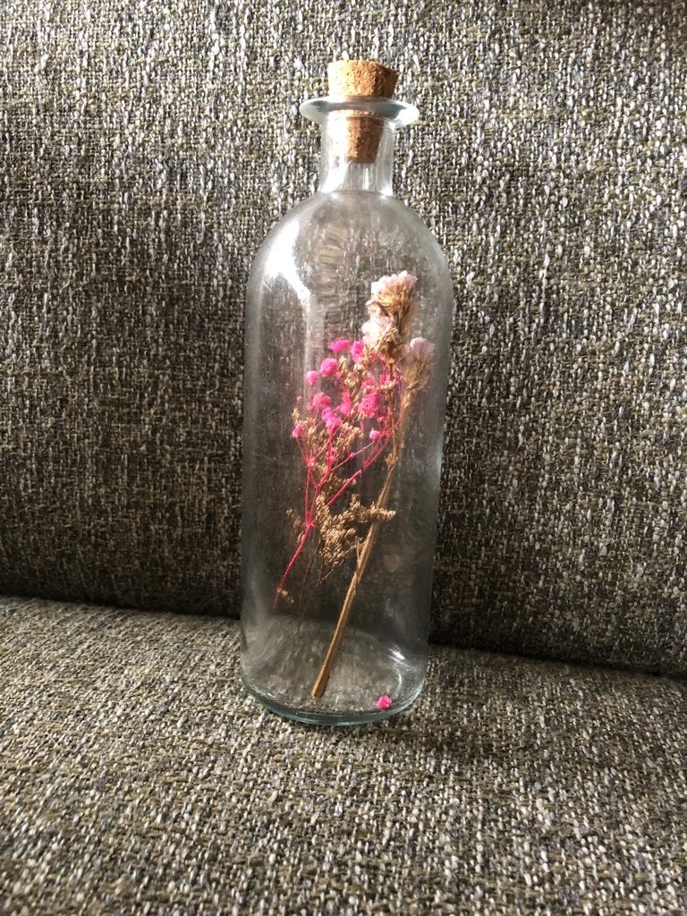 Glazen fles met kurk en gedroogde bloemen, Ophalen of Verzenden, Gebruikt