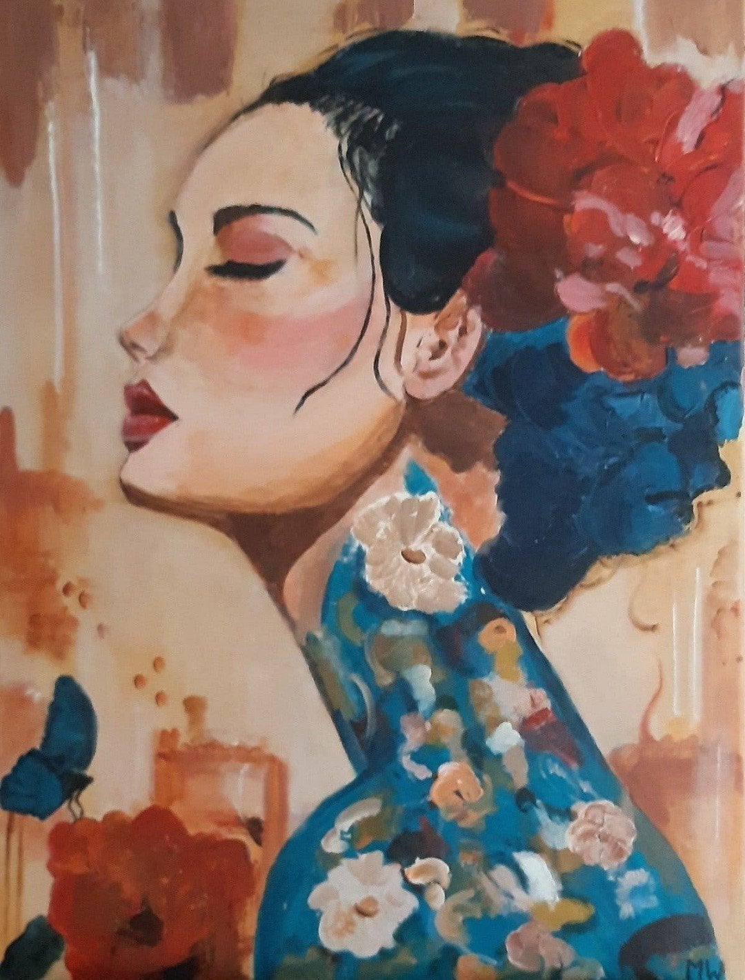 Sfeervol Schilderij Vrouw met Bloemen 80x60cm, Figuren, Ophalen of Verzenden, Handgeschilderd, Olieverf
