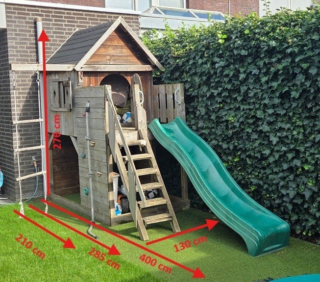 Houten speelhuisje met glijbaan,  klimwand en touwladder, Kinderen en Baby's, Ophalen, Gebruikt, Hout