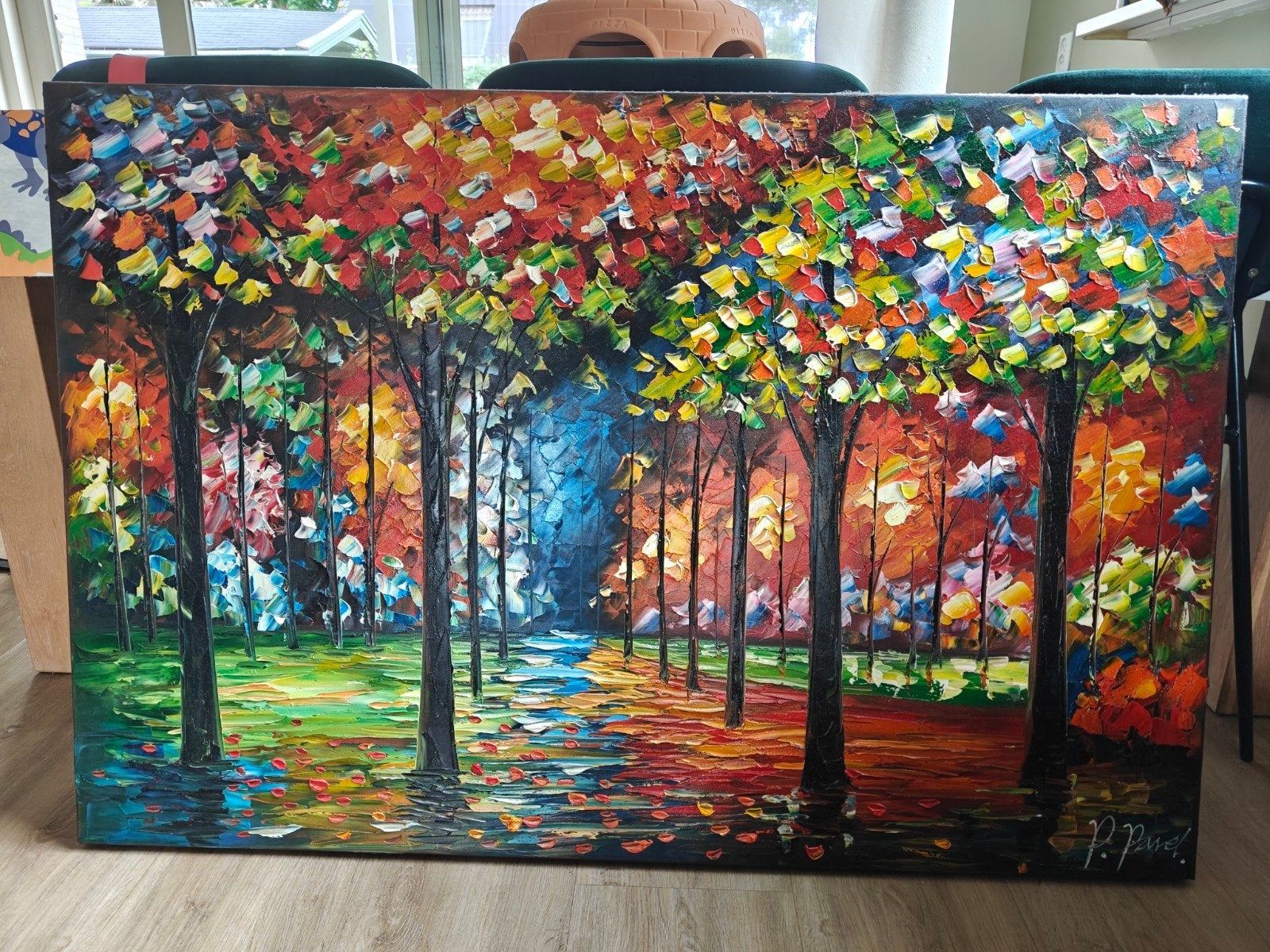 Kleurrijk bos schilderij, 120x80 cm, Olieverf, Op houten frame, Textiel, Landschap