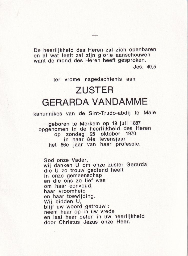 Vandamme Gerarda 1887 Merkem 1970  zuster, Verzamelen, Bidprentjes en Rouwkaarten, Ophalen of Verzenden, Bidprentje