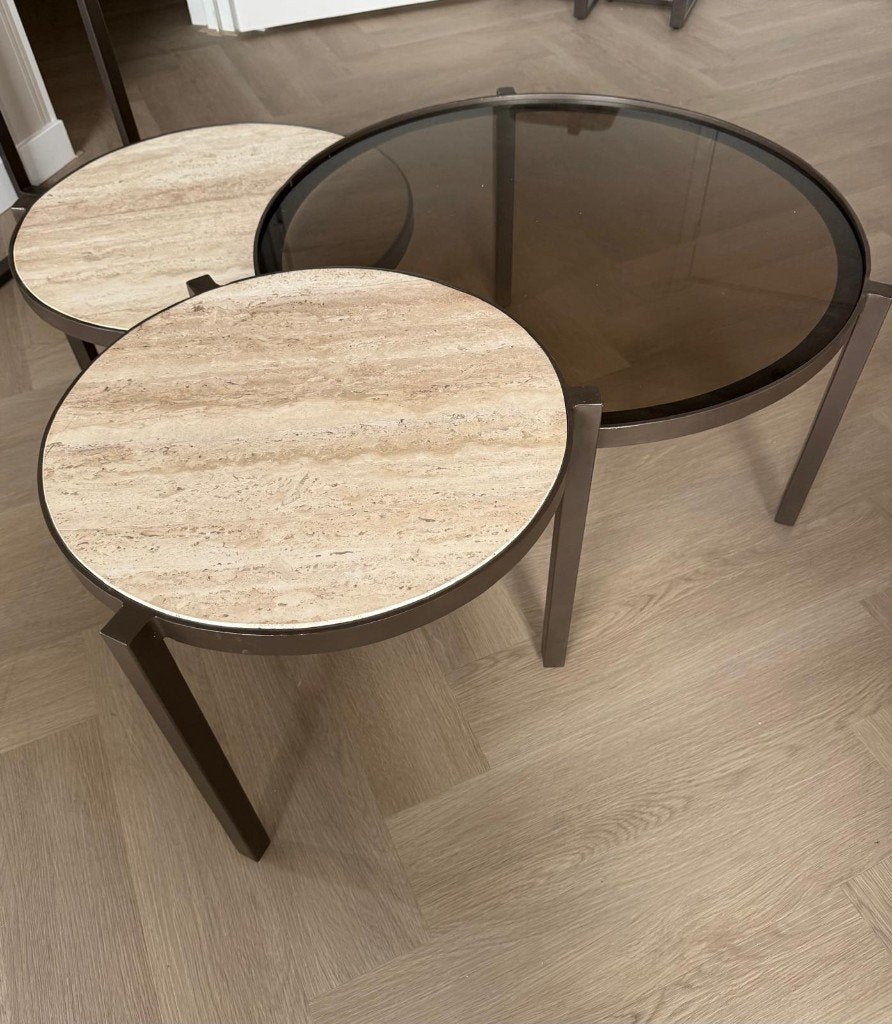 Ronde salontafel set | Glas & travertin | Design | Outlet, Ophalen, 3194DD, 50 tot 100 cm, Nieuw