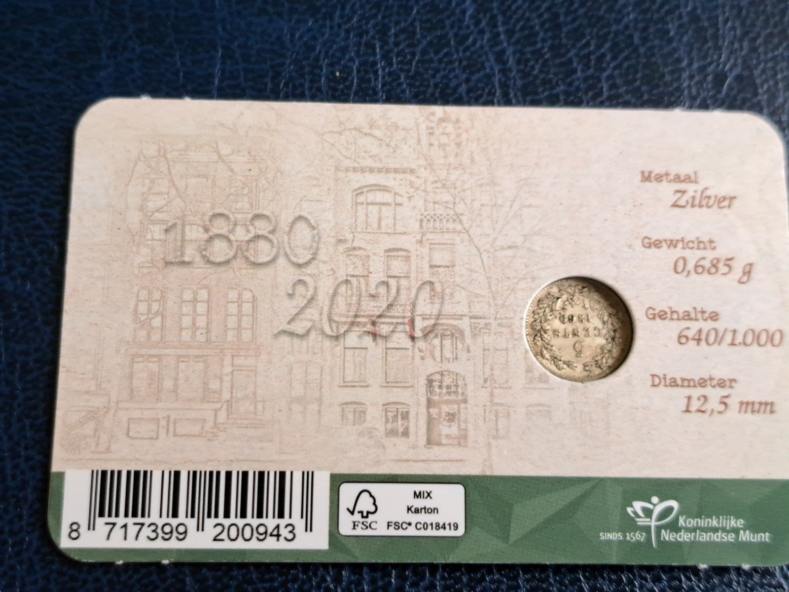 140 jaar Schulman Numismatiek coincard met 1869, Ophalen of Verzenden, Koning Willem III, 5 cent, Zilver