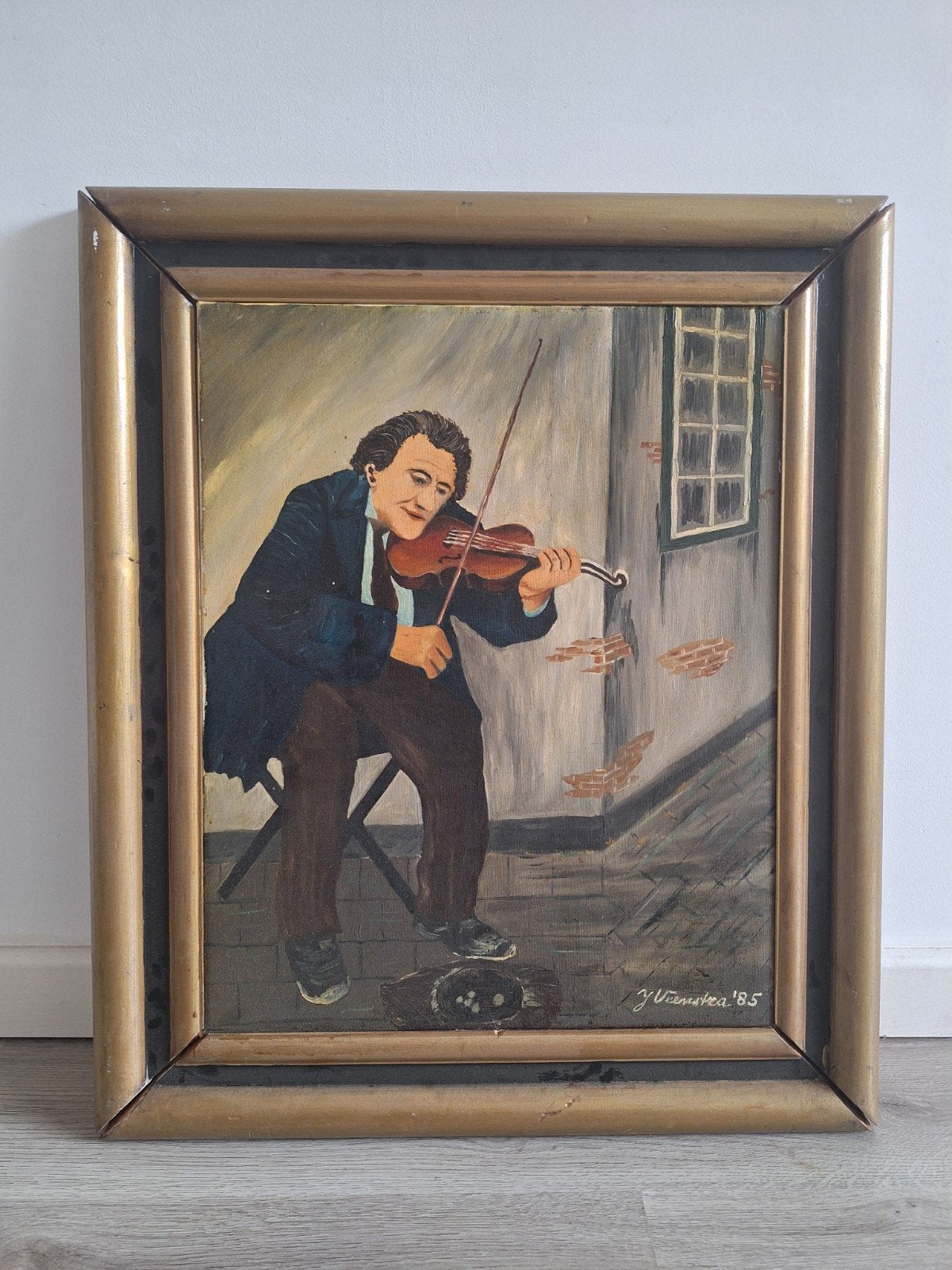 Olieverfschilderij Vioolspeler gesigneerd '85, Ophalen of Verzenden