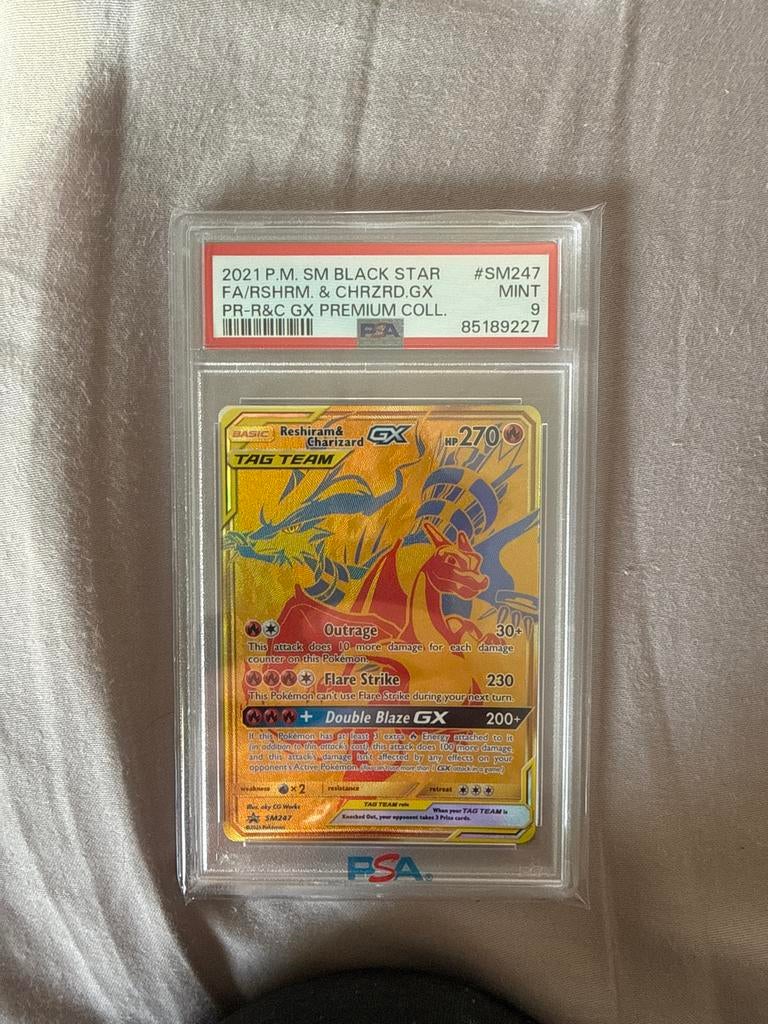 Pokémon Reshiram & Charizard GX SM247 PSA 9, Ophalen of Verzenden, Zo goed als nieuw, Losse kaart, Foil