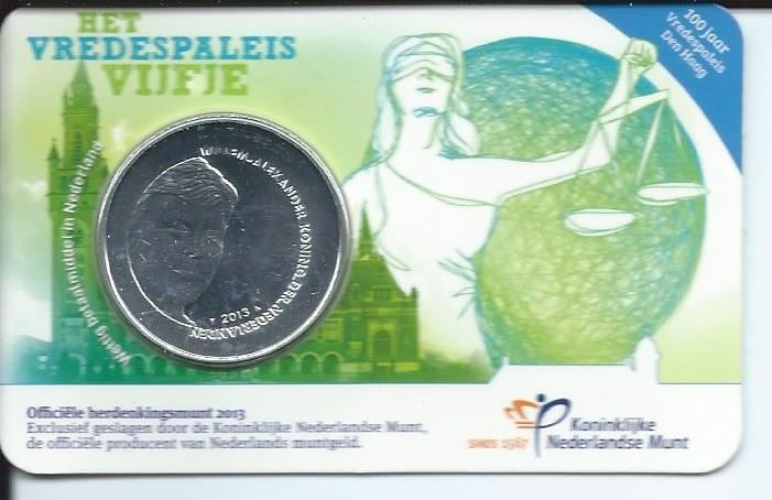 Het Vredespaleis vijfje in coincard 2013, Ophalen of Verzenden, Koningin Beatrix, Euro's, Losse munt