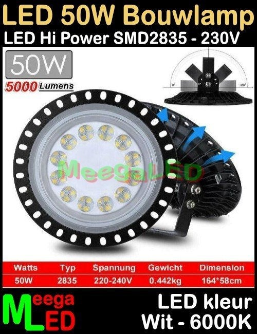 LED Bouwlamp Floodlight 50W SMD2835 LEDs Wit-6000k, Wandlamp, Ophalen of Verzenden, Netvoeding, Led