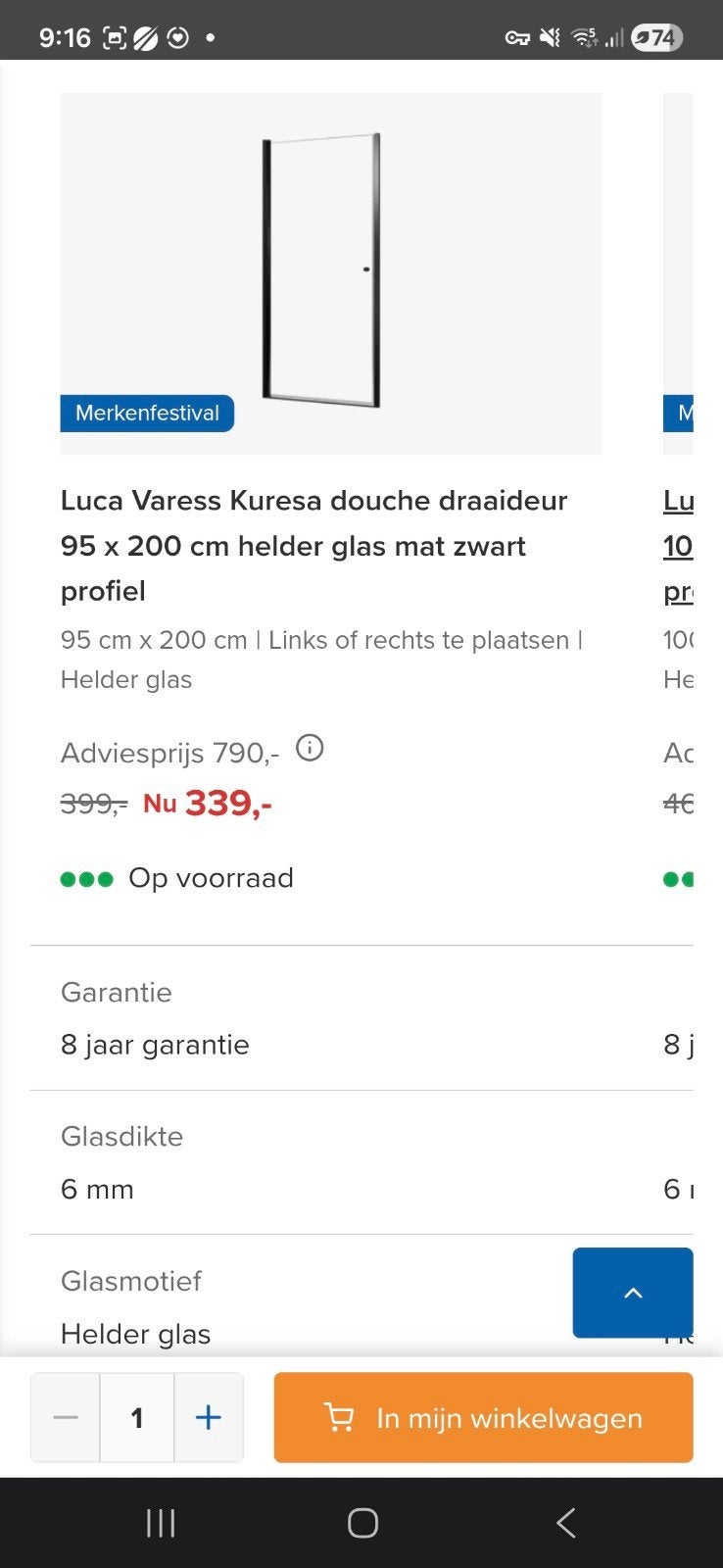 Luca Varess Kuresa douche draaideur 95 x 200 cm helder glas, Ophalen, Nieuw, Glas, Douche