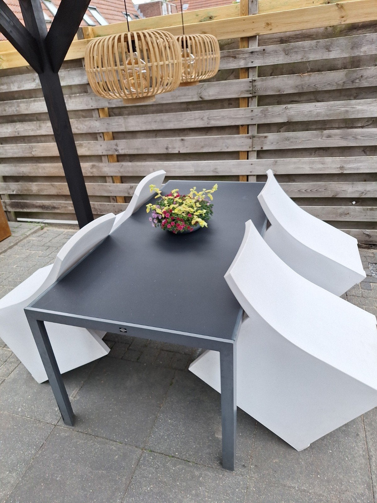 Moderne tuinset: tafel met 4 stoelen, Ophalen, Gebruikt, Rechthoekig, Kunststof