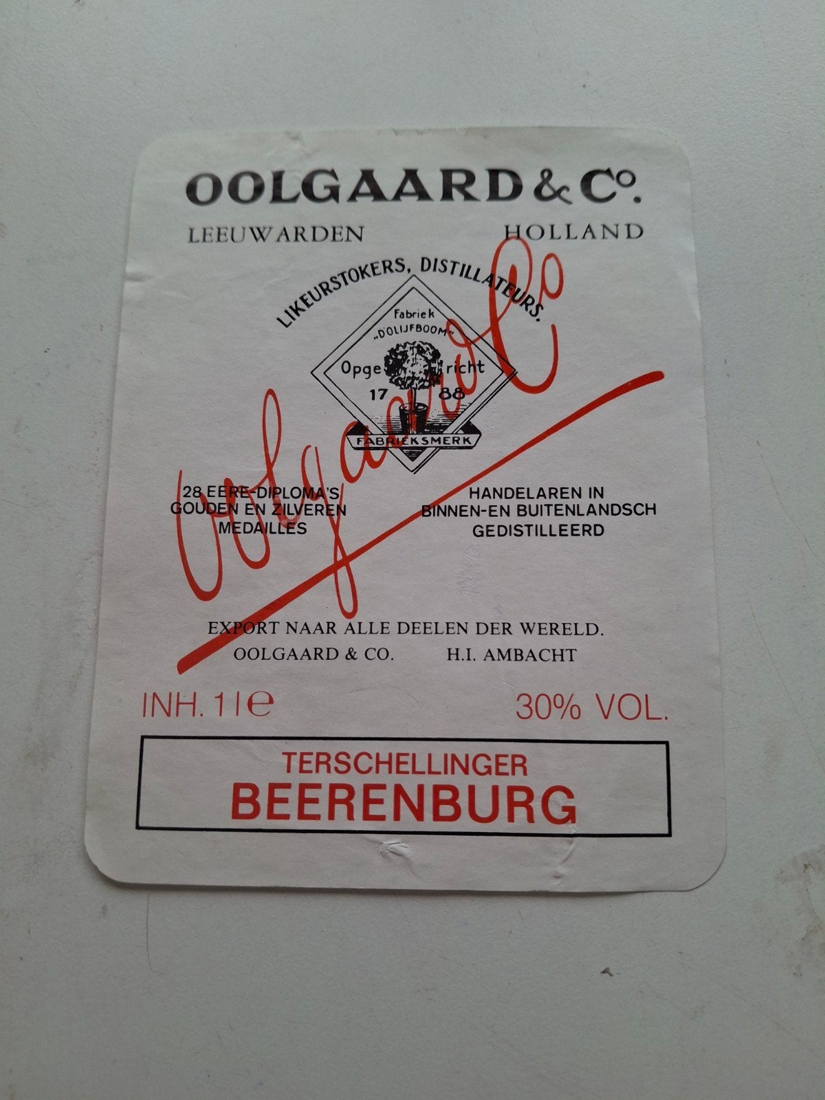 etiket Ooldgaard Leeuwarden Terschellinger Berenburg., Ophalen of Verzenden, Zo goed als nieuw, Overige typen