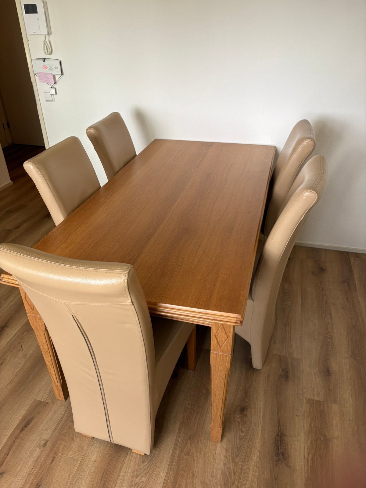 Eettafel eiken met 5 stoelen met hoge leuning (leder), Ophalen, Gebruikt, Eikenhout, 50 tot 100 cm