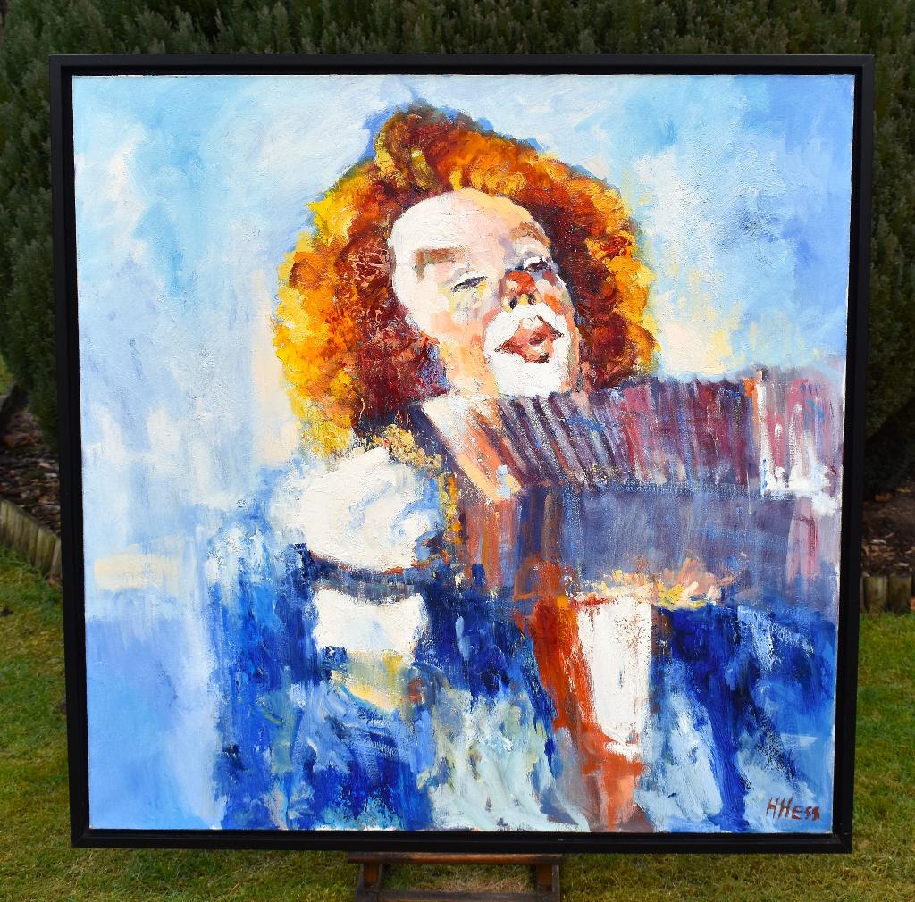 Henri Hess, muziek makende clown,100x100cm., Ophalen