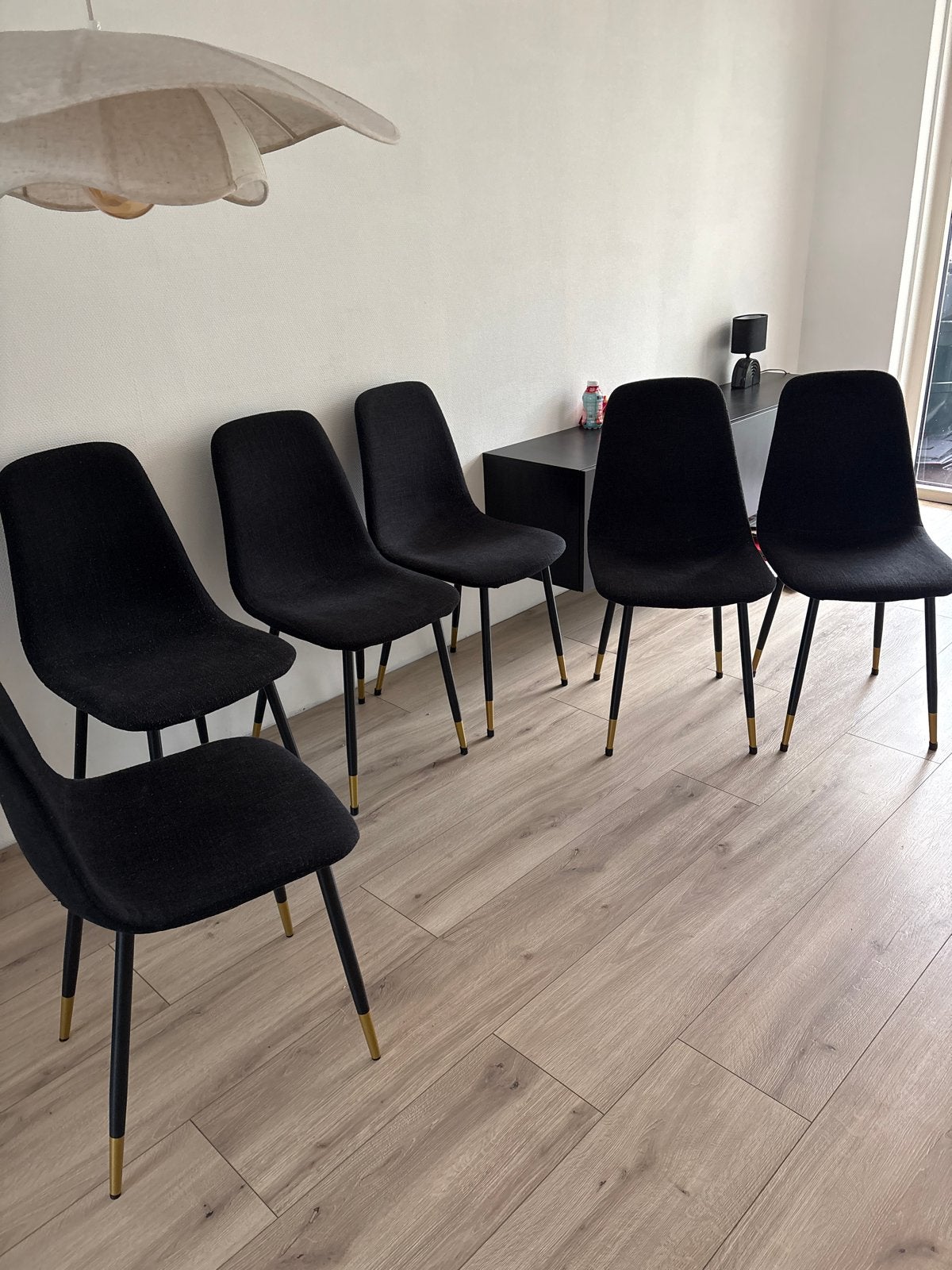 Set van 6 zwarte eetkamerstoelen met gouden accenten, Ophalen, Gebruikt, Zwart, Stof