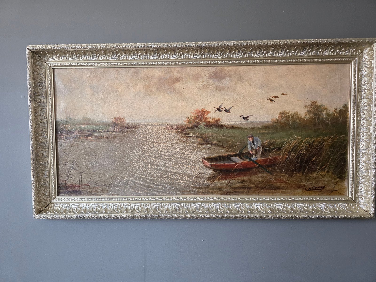Schilderij Waterlandschap met man in boot opvliegende ganzen, Ophalen of Verzenden