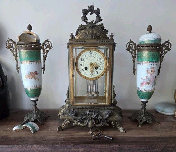 Antieke schoorsteenklok met 2 vazen, Antiek en Kunst, Ophalen of Verzenden