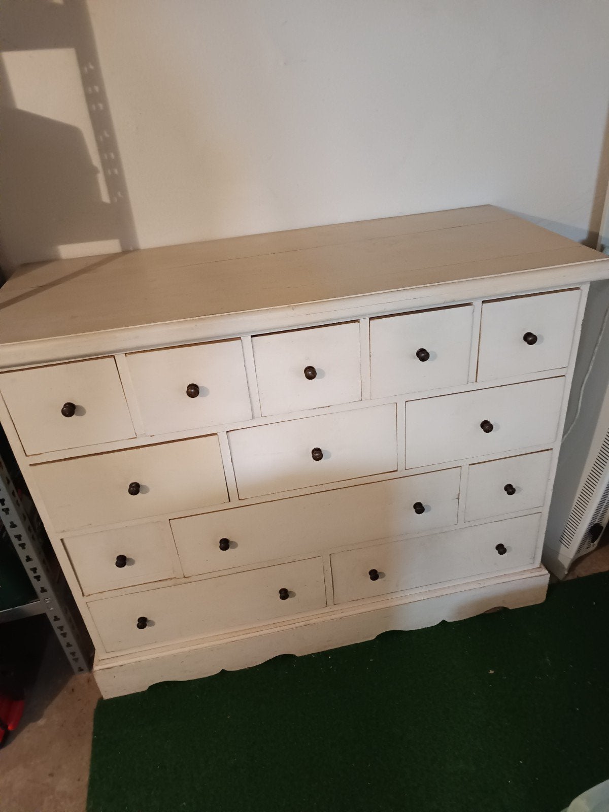 Landelijke ladekast met  laden -  wit Brocante teak hout., Huis en Inrichting, Ophalen, Gebruikt, 100 tot 150 cm, 5 laden of meer