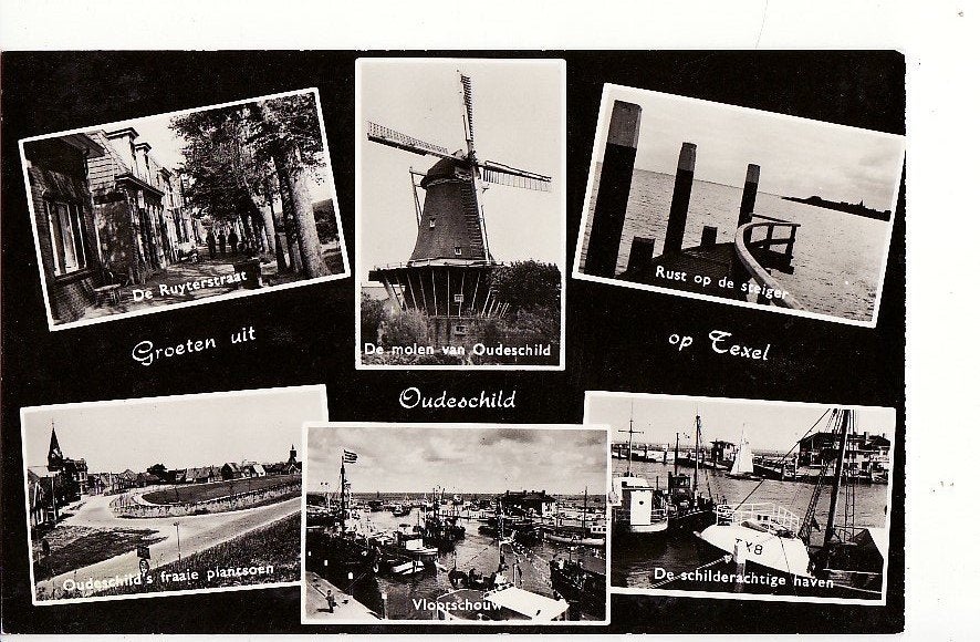 Oudeschild Texel 6-vensterkaart 1966. met molen Oudeschild., Ophalen, 1940 tot 1960, Ongelopen, Waddeneilanden