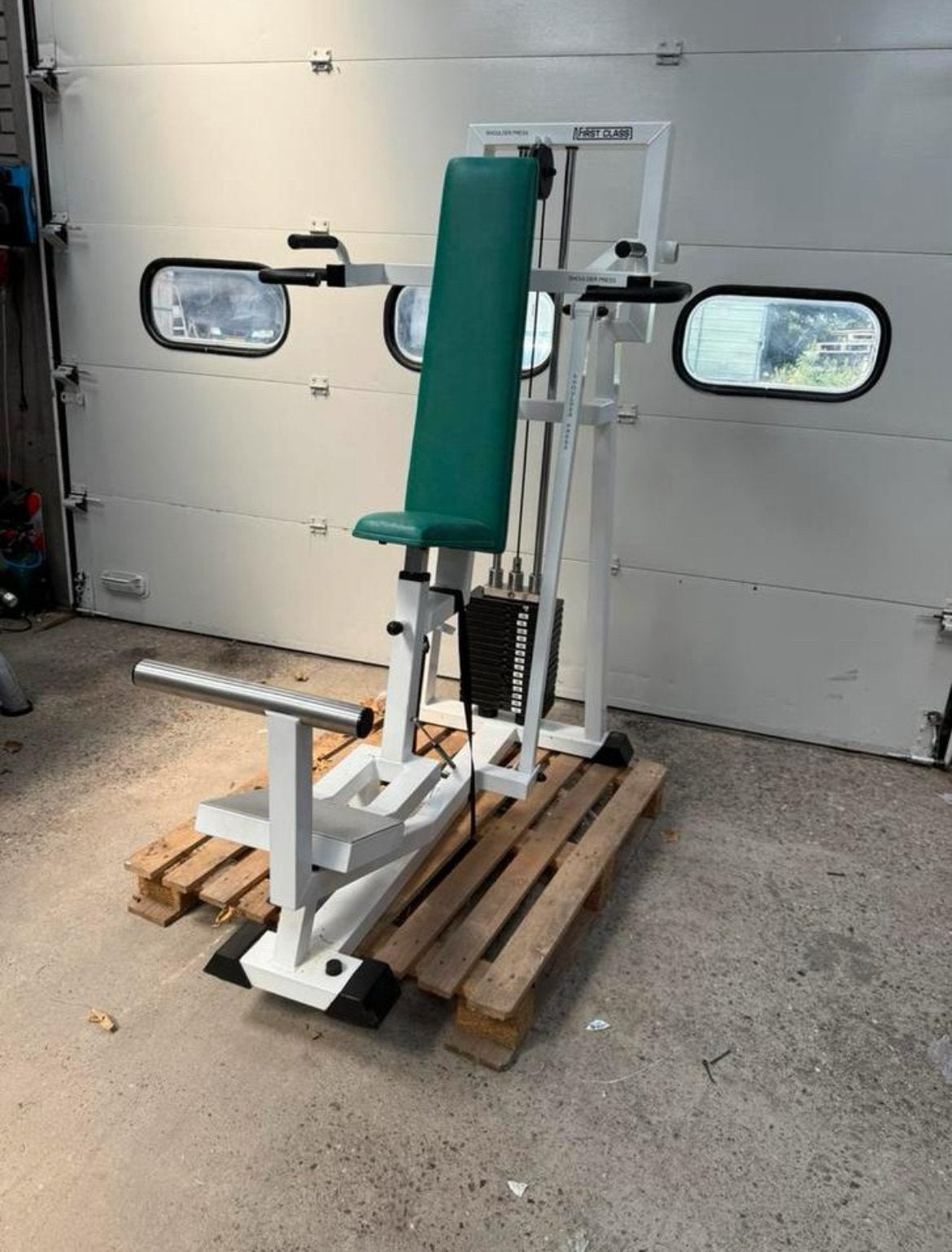 First class shoulderpress / schulterpresse / machine, Sport en Fitness, Fitnessmaterialen, Ophalen, Benen, Gebruikt, -