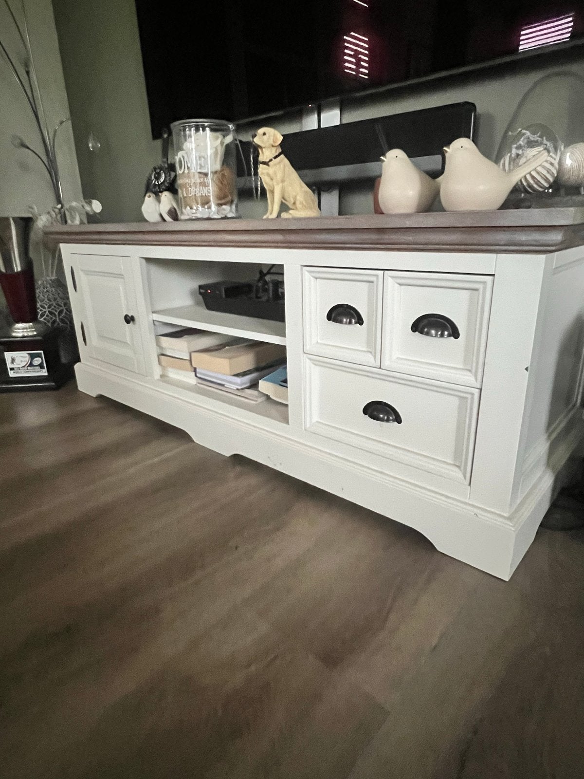 Landelijk TV-meubel wit met houten blad, Ophalen, Gebruikt, 100 tot 150 cm, Minder dan 100 cm