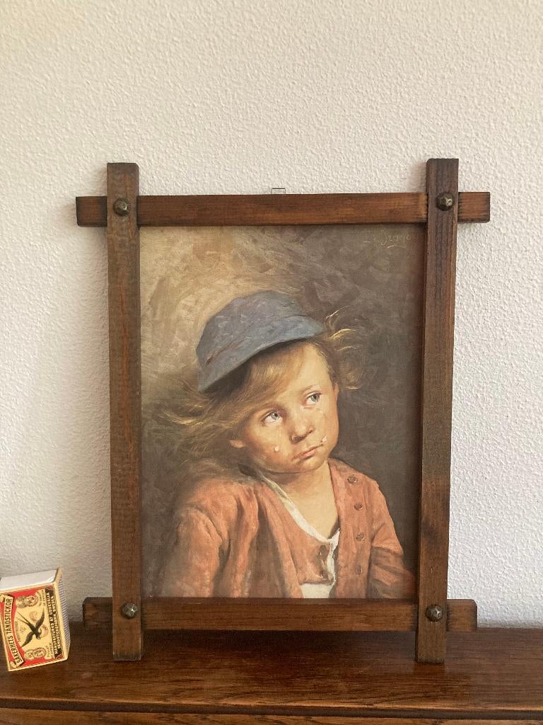 Schalks pruilend klein ventje met petje kitsch schilderijtje, Huis en Inrichting, Woonaccessoires | Schilderijen, Tekeningen en Foto's
